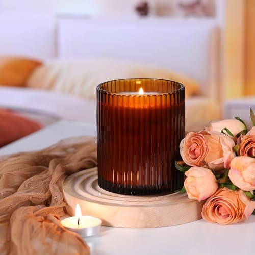 Amber Candle Jars with Lids, 8-Pack 12oz Ribbed Glass Candle Containers