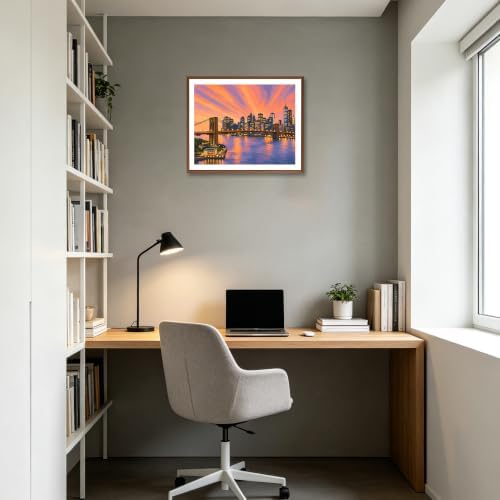 ARNLRDYA New York Cityscape Sunset Paint by Number Kits, Downtown View Hand-Painted Art, Brooklyn Bridge Canvas Acrylic Painting Set, Modern Urban Paint by Numbers for Home Decor(16×20inch, Unframe)