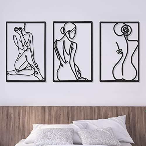 CHENGU 3 Pieces Metal Minimalist Abstract Woman Wall Art Line Drawing Wall Art Decor Single Line Female Home Hanging for Kitchen Bathroom Living Room