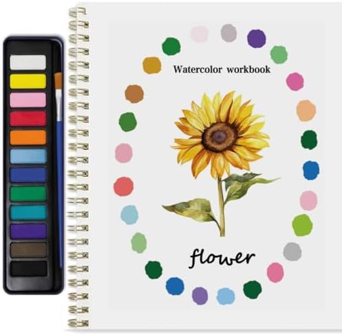 Watercolor Workbook for Adults & Beginners: 12 Colors Paint Set with Brush, Foldable Painting Kit for Flowers– Ideal Gift(Flowers)