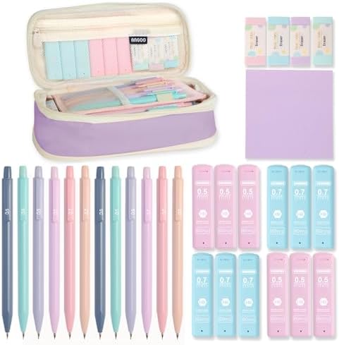 Aesthetic School Supplies with Cute Pencil Case, 12x Pastel Mechanical Pencils 0.5 & 0.7mm with 720x HB Leads, 4x Erasers and 1x Sticky Note, Suitable for Writing, Drafting Drawing Sketching(purple)