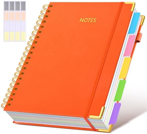 Hardcover Spiral Notebook 8.5"x11" Journal with Removable Dividers Tabs, 300 Pages Leather 5 Subject Notebook College Ruled, Large Notebooks for Work School, Lined Journal for Women, A4 Orange