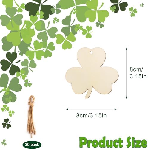 30Pcs St. Patrick's Day Leaves Unfinished Paintable Blank Wooden Festival Decoration Lucky Clover Ornaments to Paint, Hanging Wood Slices for Kids DIY Art Crafts Home Farmhouse Spring Decor