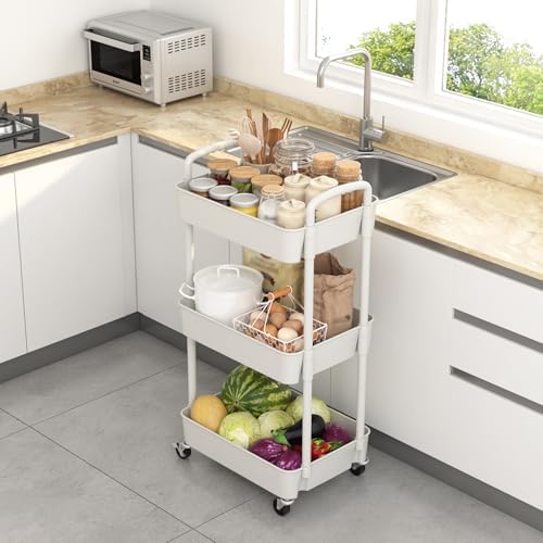 Sywhitta 3-Tier Plastic Rolling Utility Cart with Wheels for Storage,White