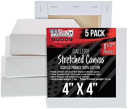 U.S. Art Supply 4"x4" Stretched Canvas for Painting, Gallery Depth 5-Pack | Square, 1-1/2" Thick - 12oz Acrylic Gesso Triple Primed, Professional Artist Quality, 100% Cotton - Oil, Pouring Paint