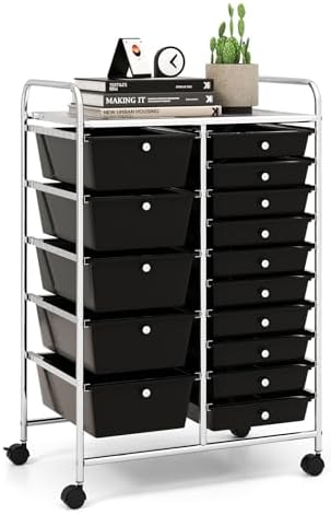 LDAILY 15 Drawer Rolling Storage Cart, Rolling Cart with Drawers for Classroom, Art Supply Craft Organizer on Wheel with Metal Frame & Handles for Home Office School
