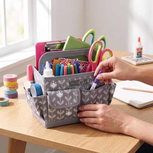 Everything Mary Desktop Tote Organizer – Purple & Grey Floral Craft Caddy – Storage Bag for Art Supplies, Sewing, Scrapbooking & DIY Tools – Portable Craft Organization