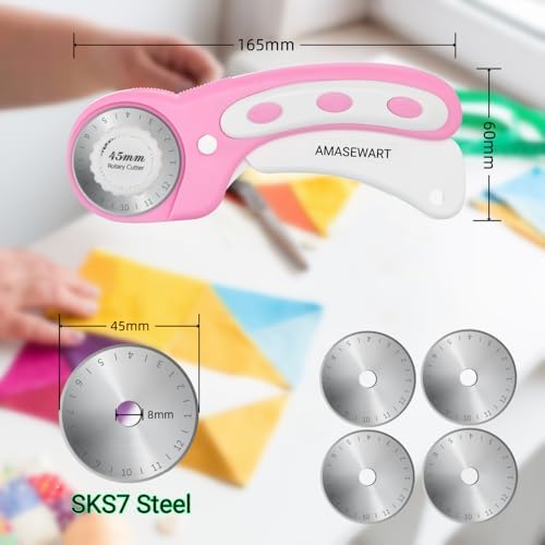 45mm Rotary Cutter and Mat Set, Fabric Cutter Wheel and 12x18 Inch Self Healing Sewing Cutting Mat, Fabric Rotary Cutter with 5pcs Rotary Blades for Quilting Patchworking Crafts, Pink