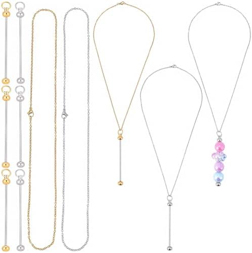SUNNYCLUE 1 Box 6 Sets Beadable Necklace Pendant Beadable Bars Bulk Silver Gold Stainless Steel Metal Cable Chains Pendants for Jewelry Making Kits Women Adults Beading Crafts Supplies DIY Accessories