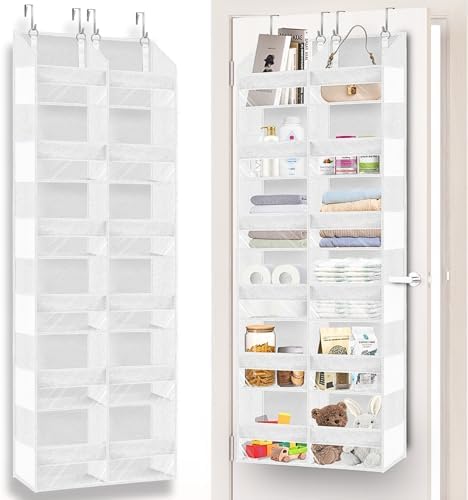 Over The Door Organizer 6 Tiers, Extra Large Behind Door Storage of 12 Compartments, 80 lbs Weight Capacity Hanging Storage Organizer with Clear Window Kids Toys, Shoes,Diapers, Room Storage, White