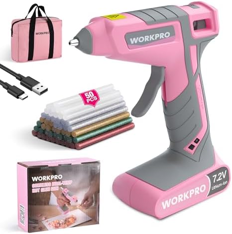 WORKPRO Cordless Hot Glue Gun, 7.2V Dual-Temp Kit, Pink