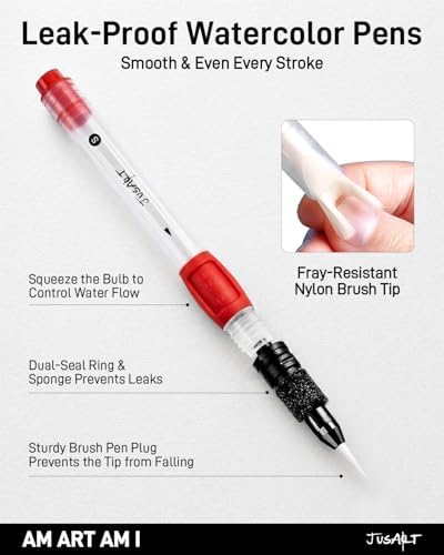 JusArt Water Brush Pens 6-Pack Leak-Proof Refillable Watercolor Pens