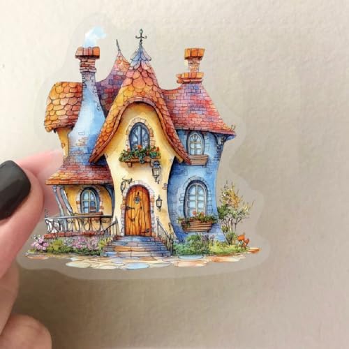 50PCS Fairy Tale Cottage Stickers – Waterproof Clear Stickers of Whimsical Fantasy Houses, Mushroom Homes & Vintage Storybook Buildings for Scrapbooking, Journaling, Art Crafts,Water Bottle, Laptop