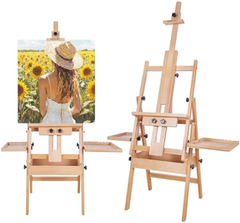 Horizontal Beechwood Studio Easel with Drawer and Palettes, Natural | H-Frame Solid Wooden Painting Easel for Students, Beginners, and Artists, Hold Canvas to 50Inches High