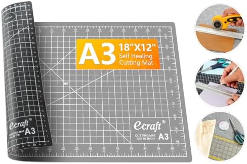 Ecraft Self Healing Cutting Mat 18x12 Inch A3, 5-Ply Double Sided Rotary Cutting Board with Grid, Grey/Black for Sewing, Quilting, Fabric & Craft Projects