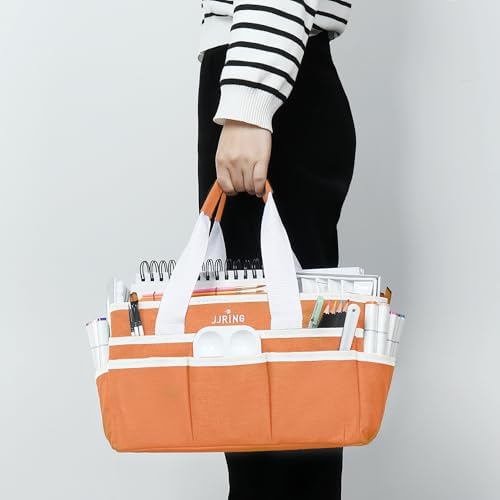 JJRING Craft Organizer Tote Bag Art Storage Caddy Orange | With Multiple Pockets For Sewing, Scrapbooking, School, Medical, And Office Supplies