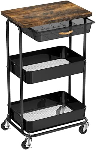 Simple Houseware 3-Tier Utility Cart with Drawer & Wood Top, Rustic Brown