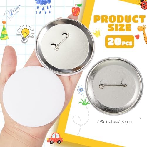 XunYee 20 Pcs White Button Pins 2.95 Inches/ 75 mm, DIY Badge Kit