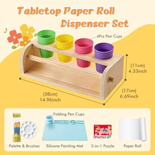 Kids Art Easel with Paper Roll Wooden Tabletop Paper Roll Dispenser