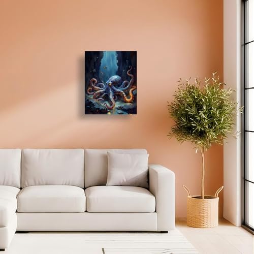 Underwater Fantasy Paint by Numbers Kit for Adults - DIY Glowing Octopus in Cave Painting on Canvas 16X20IN framed, Acrylic Paint Set, Suitable for Beginners, Art for Home Decoration or Gifts