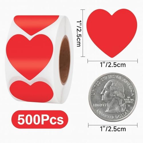 Anwyll Heart Stickers - 500Pcs 1Inch Valentines Day Heart Stickers Red Heart Shape Sticker for Reward Classroom Self Adhesive Love Incentive Sticker for Envelope Seal Card Birthday Wedding Favors