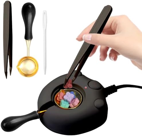 Electric Wax Seal Warmer, Black Wax Seal Kit with Spoon and Tweezers Great Tool for DIY Wax Seals, Wax Seal Stamp and Melting Wax Seal Sticks Sealing Wax Beads (Black)