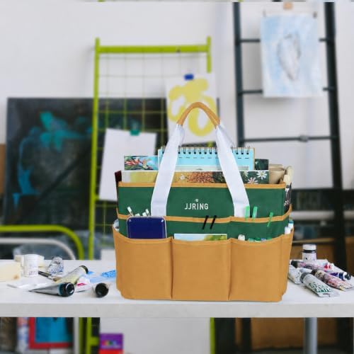 JJRING Craft Organizer Tote Bag Large Art Storage Caddy Deep Green&Yellow | With Multiple Pockets For Sewing, Scrapbooking, School, Medical, And Office Supplies
