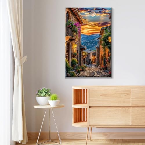 JOOZ Paint by Numbers Kit for Adults Landscape Paint by Number with Frame Town Street Paint by Number with Easel Moon Oil Painting Kits for Gift Home Wall Decor 7.87x11.81 Inch