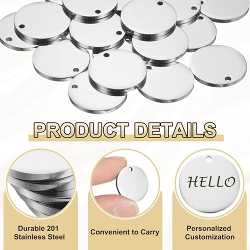 HARFINGTON 10 Pcs Round Blank Stamping Tag 17mm Stainless Steel Circle Polished Blanks Tag Pendants with Hole for Bracelet Crafts Labeling Making, Silver