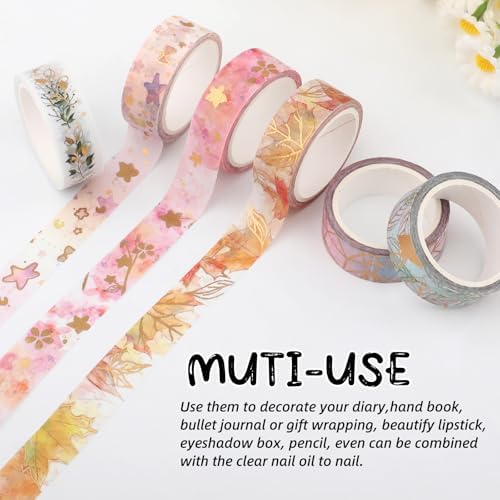 6 Rolls Gold Floral Washi Tape Set,15mm Gold Foil Colored Floral Pattern Decorative Tape,Decorative Masking Tapes for DIY Scrapbook Design Journaling Handbook Making Card Wrap Craft Gift(16.4ft)