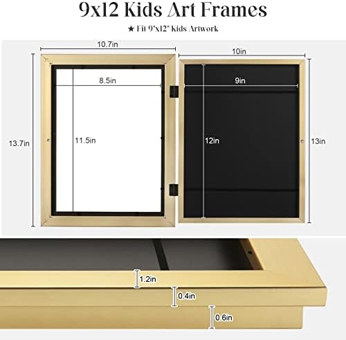 [2Pack] Kids Art Frames, 9x12 Front Opening Kids Artwork Frames Changeable, Gold Artwork Display Storage Frame for Wall, Holds 50 Pcs, for 3D Picture, Crafts, Children Drawing, Hanging Art, Portfolio