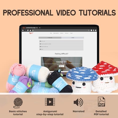 Crochet Kit for Beginners: 2 PCS Red & Blue Mushroom Starter Crochet Kits with Step-by-Step Video Tutorials and Yarns, Hook, Accessories, DIY Craft Gift for Adults and Teen(30%+ Yarn)