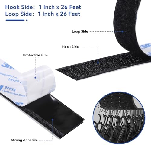 26Feet Hook and Loop Tape Sticky Back Fastener Roll, Nylon Self Adhesive Heavy Duty Strips Fastener for Home Office School Car and Crafting Organization (1, Black-3m, 26ft x 1in)