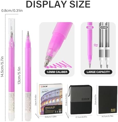 ZSCM 24 Colors 3D Acrylic Gel Pens & Black Paper Sketchbook for Drawing