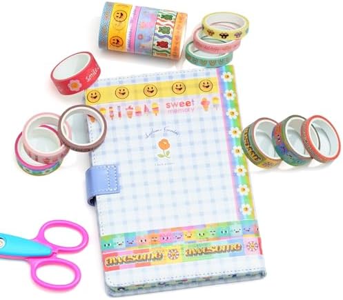 Cute Cartoon Washi Tape Set 16 Rolls Bright Colors Kawaii Masking Graphic Decorative Tapes for Arts, DIY Crafts, Journals, Planners, Scrapbook, Wrapping