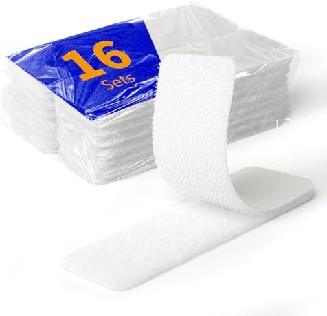 16 Sets 1 x 4 inch Adhesive Hook and Loop Fastener Strips, Heavy Duty, Strong Back Adhesive, Double-Sided Hook and Loop for School, Classroom, Office, and Home Use, White