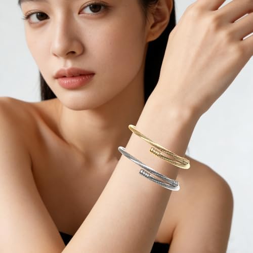 Exway 20 Pcs Elastic charm Bracelet chain Stainless Steel Cable Wire Twisted Cuff Bangle Bracelet Gold And Sliver charm Bracelets Kit for Crafts DIY Women Jewelry Making