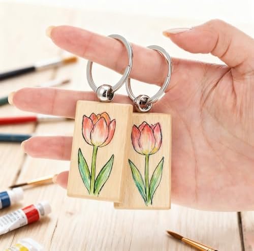 COMNICO 100 Pcs Wooden Keychain Blanks Bulk Rectangle Keychain Blanks