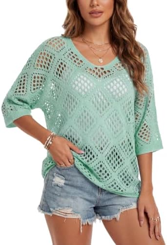 Womens Crochet Top Summer 3/4 Sleeve Cover Up V Neck Boho Tops