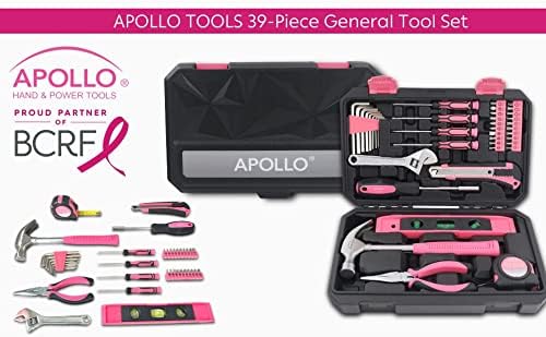 Apollo Tools 39 Piece General Household Tool Set in Toolbox Storage Case with Essential Hand Tools for Everyday Home Repairs, DIY and Crafts - Ribbon - Pink - DT9711P