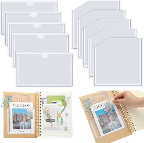 Junkin 10 Pcs Adhesive Pockets for Planners Self Sticky Clear 2 Styles | Top Open Index Card Holder, Vinyl Adds Storage to Notebooks Journals, Ideal Inserts in Office School Scrapbook Organizing