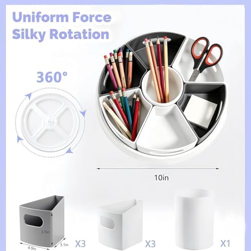 Rotating Art Supply Organizer Storage Caddy for Kids, 7 Bins Craft Crayon Marker Organizers for School Desk, Lazy Susan Pencil Holder for Classroom Organizations (gray and white)