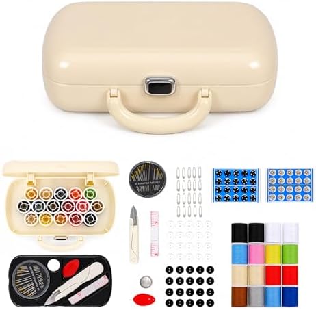 FKOG Sewing Project Kit, 151 Pcs Family Sewing Supplies Repair Organizer with Portable Retro Hard-Shell Case, 16 Multicolor Thread Spools, Needles, Buttons, and Accessories (Creamy White)