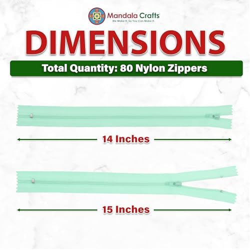 Mandala Crafts 80 PCs Mint Closed-End 14 Inches Nylon Zippers for Sewing