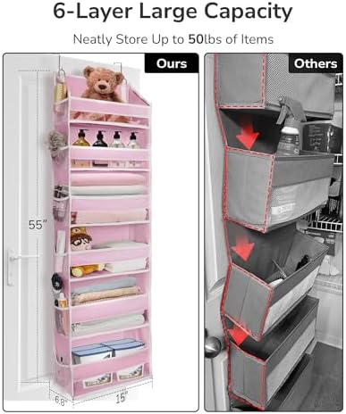 ULG Over The Door Organizer with 6 Large Pockets 12 Side Pockets, 50lbs Weight Capacity Door Hanging Storage Organizer for Bedroom, Bathroom, Pantry, Nursery Storage, Pink