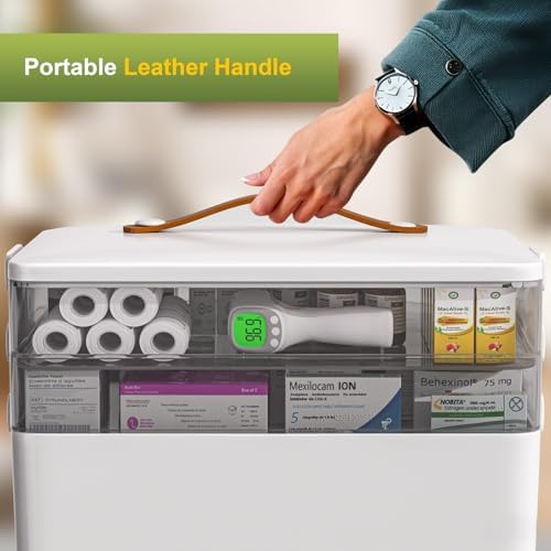 JOYBOS 3-Tier Medicine Storage Box Cabinet, Empty First Aid Kit Portable Medical Supply Organizer with Leather Handle for Home 3-Tier Medicine Storage Box