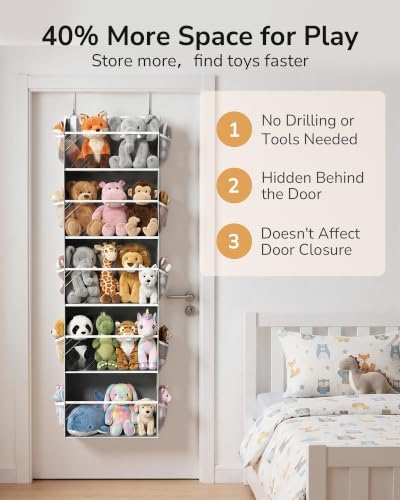 ULG Stuffed Animal Organizer Over the Door, Large Hanging Plush Toy Storage with Mesh Window, Cotton Kids Toy Organizer for Bedroom, Nursery, Playroom & Baby Items Dark Grey