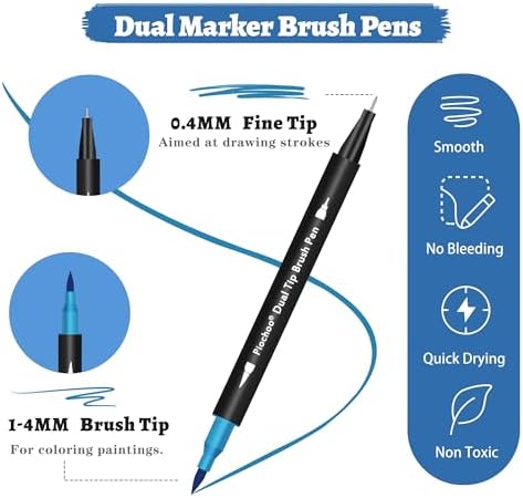 Piochoo 18 Colors Dual Tip Markers, Fine Point & Brush Tip for Adult Coloring Books, No Bleeding, Art Supplies