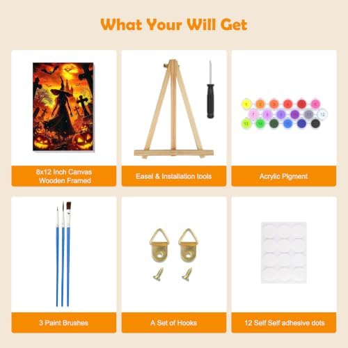 MOGTAA Halloween Paint by Numbers Kit for Adults Beginners with Frame, Witch Adult Paint by Number Kits on Canvas with Easel, Easy DIY Pumpkin Oil Painting Kits for Home Decor, 8x12in