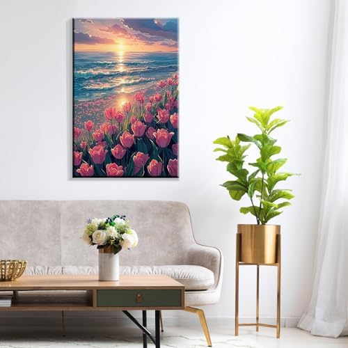 ATDMS Paint by Numbers Kit for Adults with Easel DIY Tulips Adult Paint by Number Kits on Canvas Framed Oil Painting Kits for Wall Hanging Home Room Decor 7.87x11.81 Inch